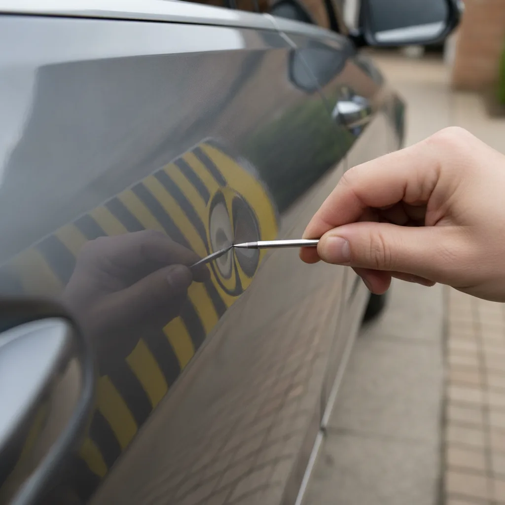 A paintless dent repair technician's hand pressing a metal PDR rod against a shallow door ding on the glossy dark grey metallic door of a luxury German sedan, with a striped reflection board showing the dent