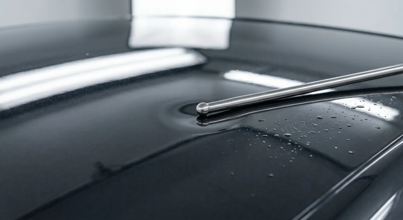 A shallow dent on the glossy roof panel of a dark car with a paintless-dent-repair rod resting across it