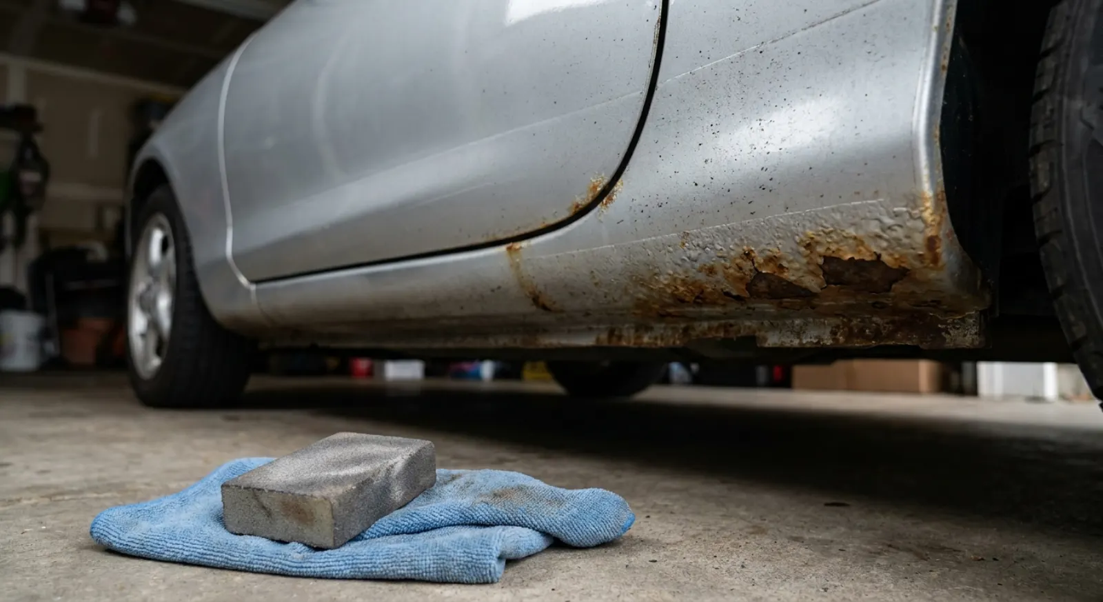 Surface rust and paint bubbling along the lower door and wheel arch of a silver car in a garage