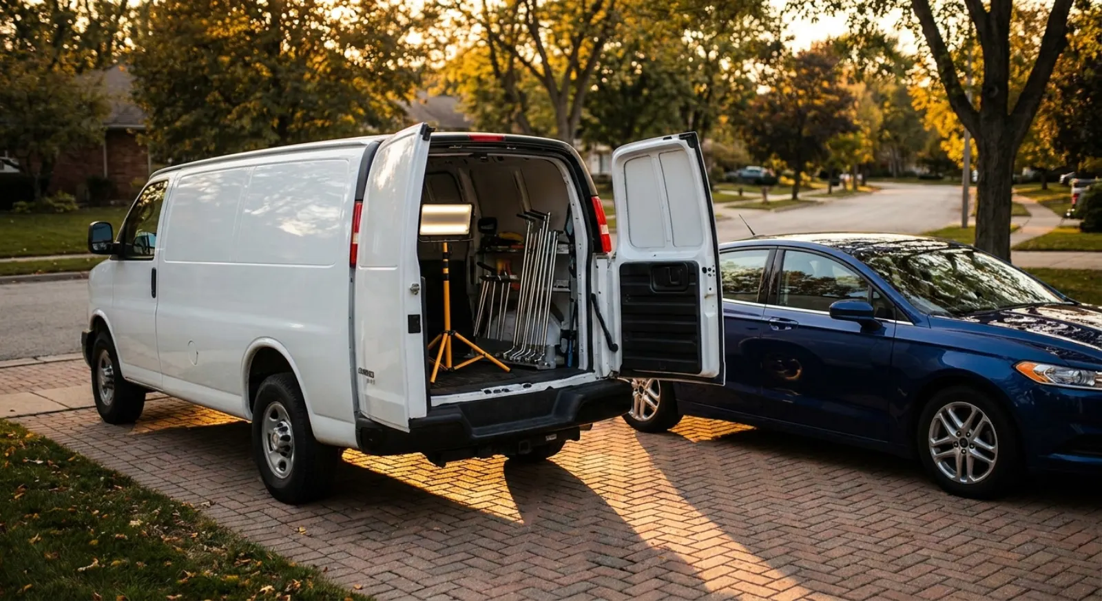 A plain white mobile dent-repair van open in a suburban driveway beside a car, tools visible inside