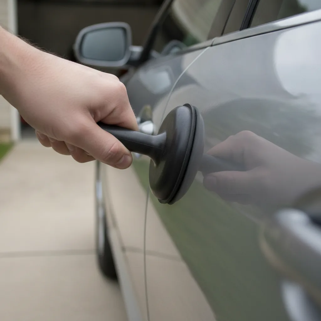 A bare hand pulling a black rubber suction-cup dent puller stuck to the door panel of a dark sedan in a driveway