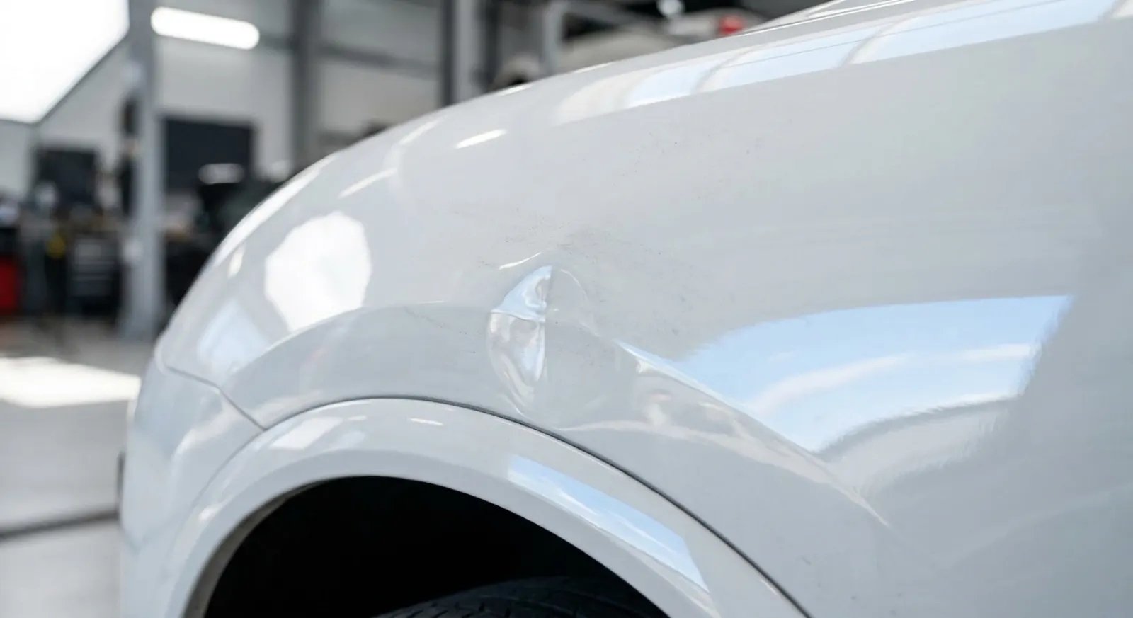 A creased dent and light paint scuffing on the front fender and wheel arch of a white car