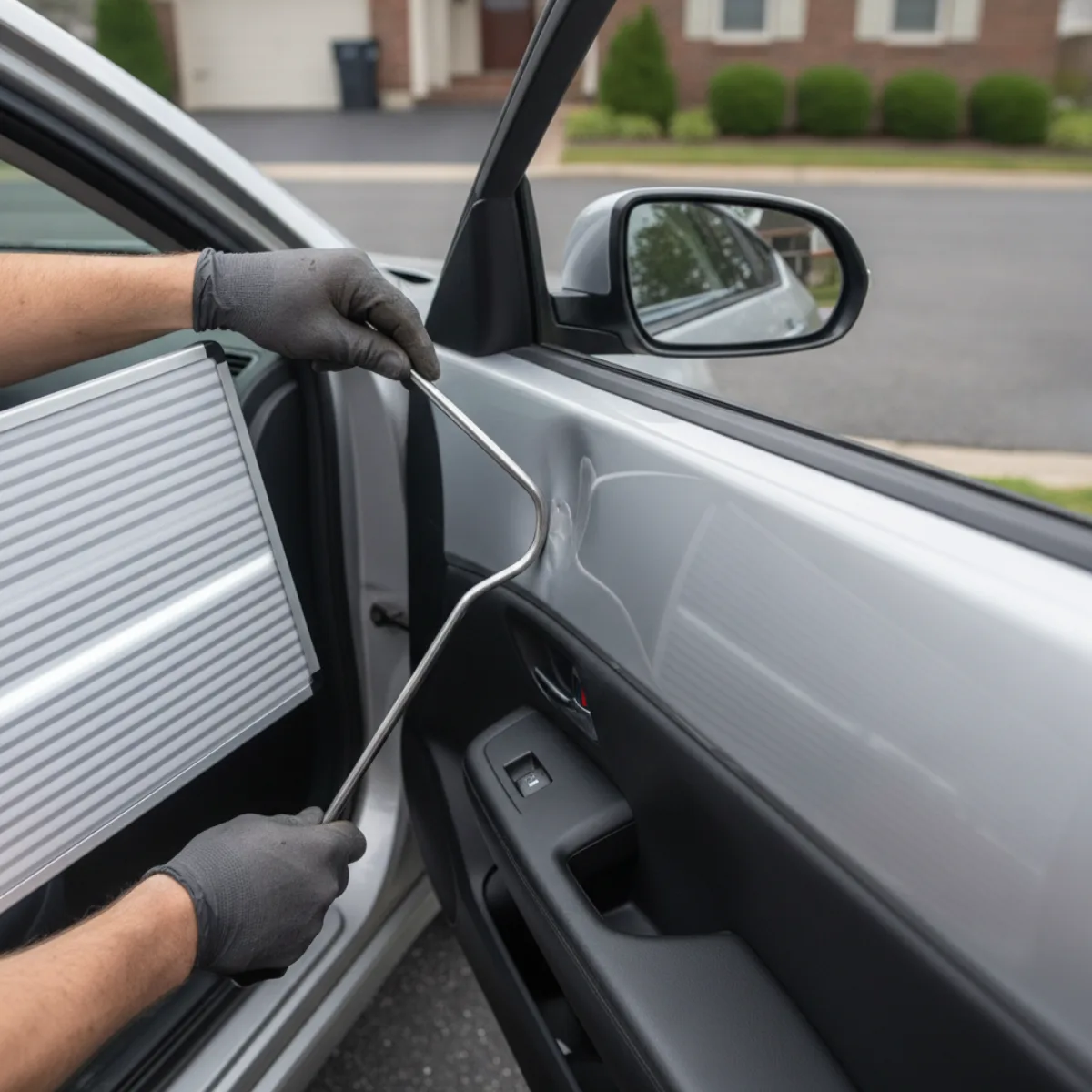 Mobile PDR technician working a metal rod behind a silver car door panel with a striped LED reflection board over the dent, in a suburban driveway