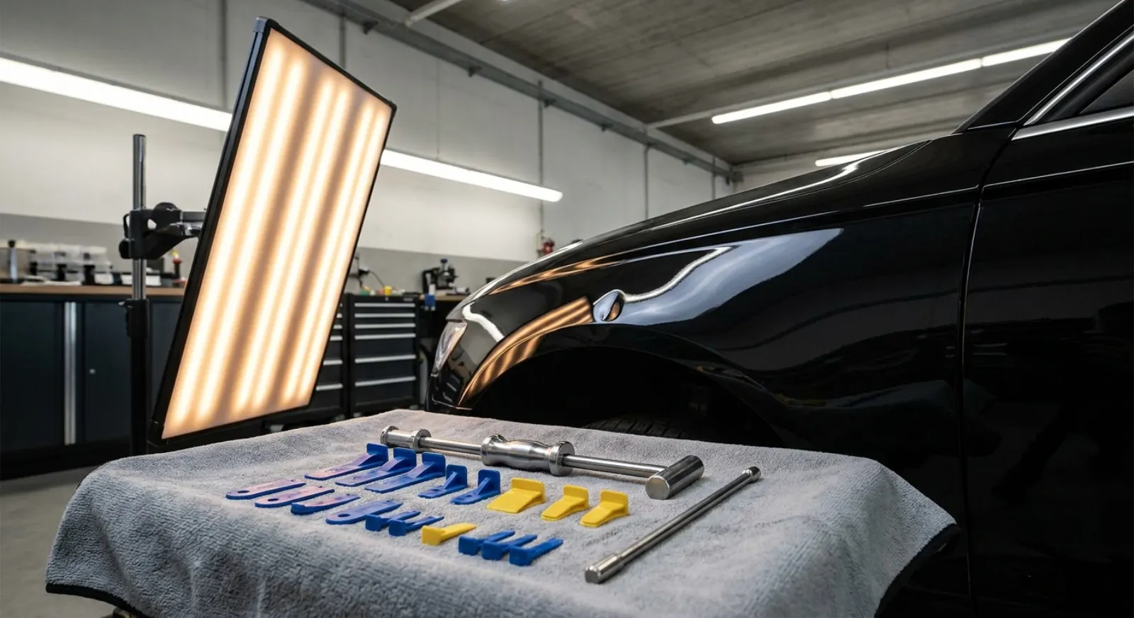 A PDR reflection board casting light bands across a black car fender beside paintless-dent-repair tools