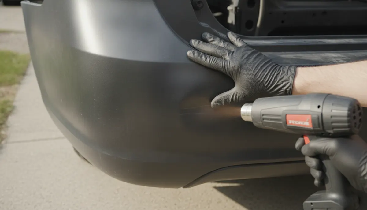 A gloved hand pushing out a shallow dent from behind a dark plastic car bumper while a heat gun warms the panel in a driveway