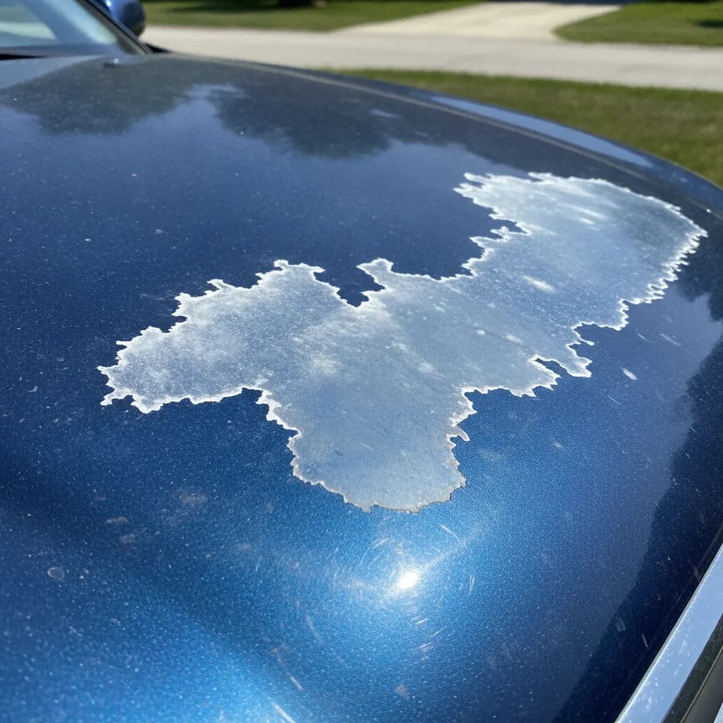 Automotive clear coat peeling and lifting off a dark blue car hood in a cloudy white patch with a ragged edge, sun-baked in daylight