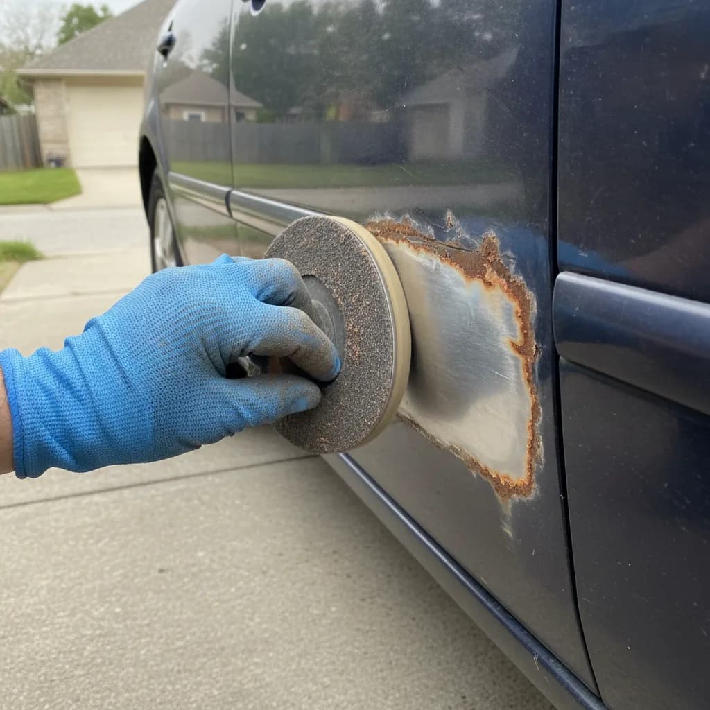 A blue-gloved hand sanding orange surface rust off a car's lower wheel arch back to bright bare metal in a driveway