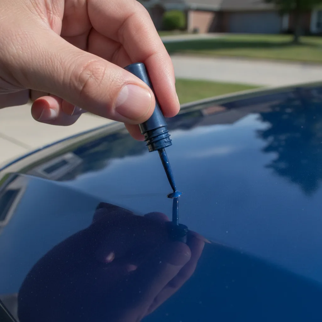 A bare hand dabbing dark metallic blue touch-up paint from a bottle applicator into a stone chip on a glossy dark blue car body panel in a driveway