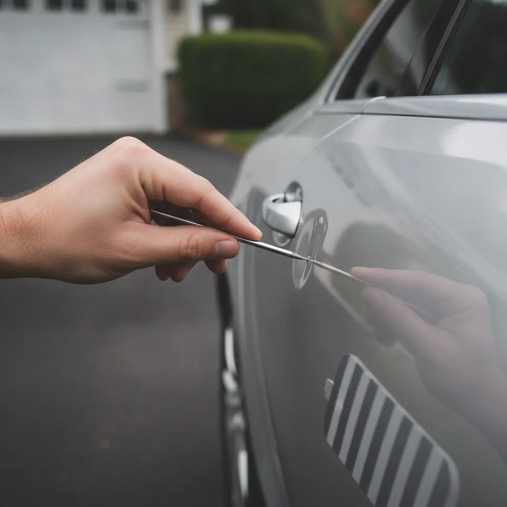 A paintless dent repair technician's hand holding a slim metal PDR rod against the polished silver door of a German luxury sedan parked in a suburban driveway, with a striped reflection board mirrored across the paint below the door handle