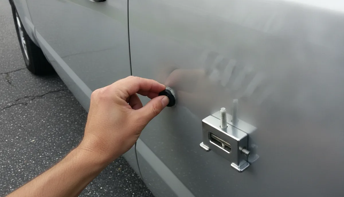 A technician's bare hand pressing a round black glue-pulling tab onto a shallow dent in a silver vehicle body panel, with a metal mini-lifter bridge tool clamped to the paint beside it and striped reflection lines bending across the low spot